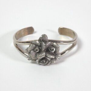 EJC Pewter Rose Vintage Silver Tone Split Shank Bangle Cuff Bracelet